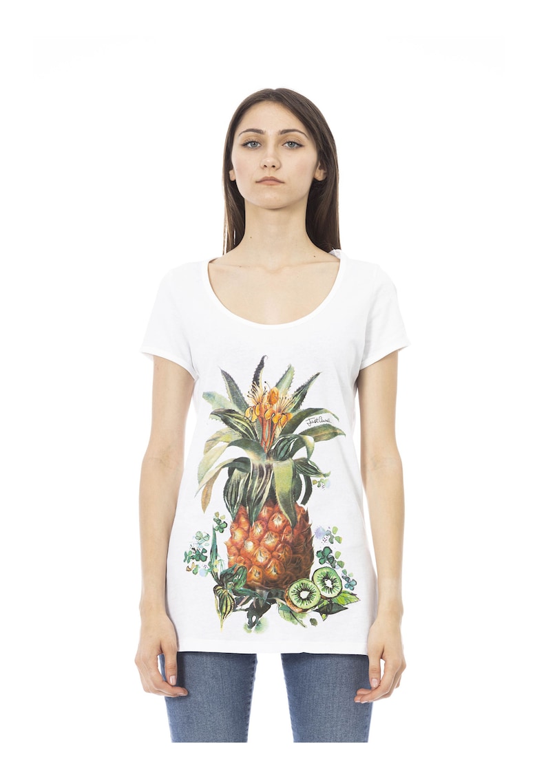 Tricou din bumbac cu decolteu rotund - Alb/Portocaliu