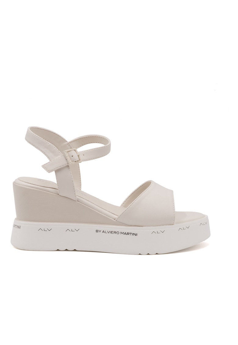 Sandale wedge din piele ecologica cu catarama - Bej deschis