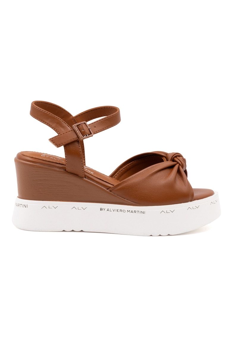 Sandale wedge din piele ecologica - Caramel