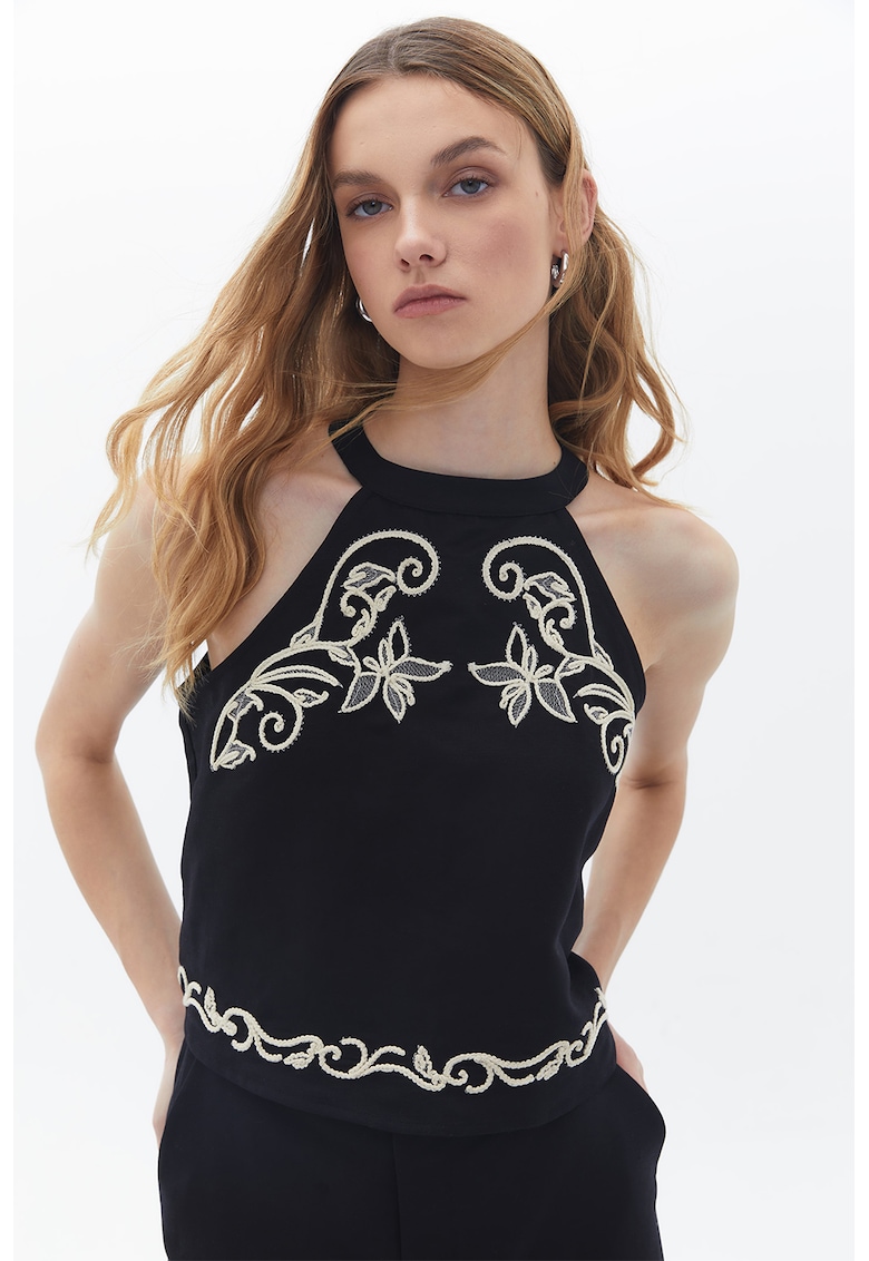 Top de in si lyocell cu broderie - Negru/Crem