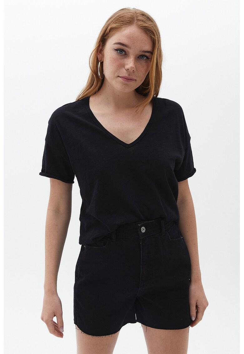 Tricou de bumbac cu decolteu in V - Negru