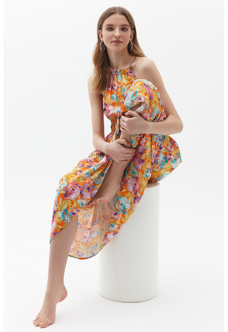 Rochie lunga cu imprimeu floral si croiala A