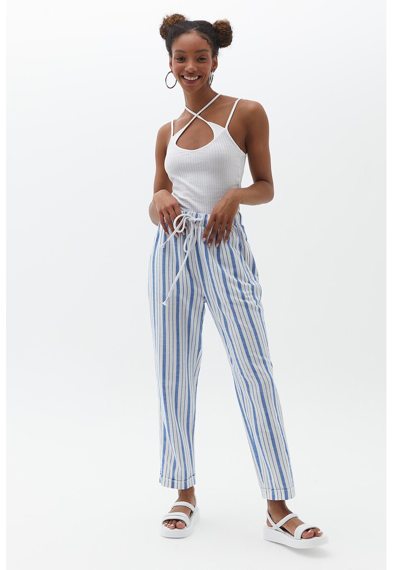 Pantaloni crop in dungi cu snur - Alb/Albastru