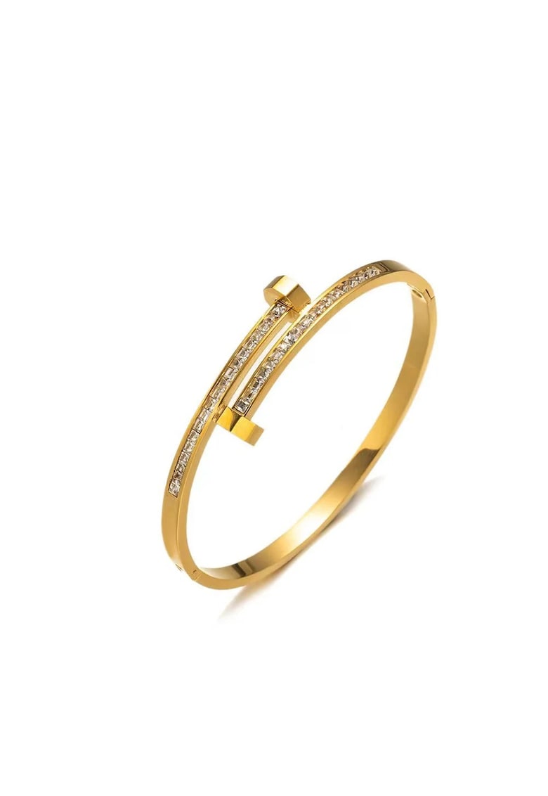 Bratara aurie - din otel inoxidabil - suflata cu aur 18k - tip bangle - cu pietre din zirconiu - Ivona C5