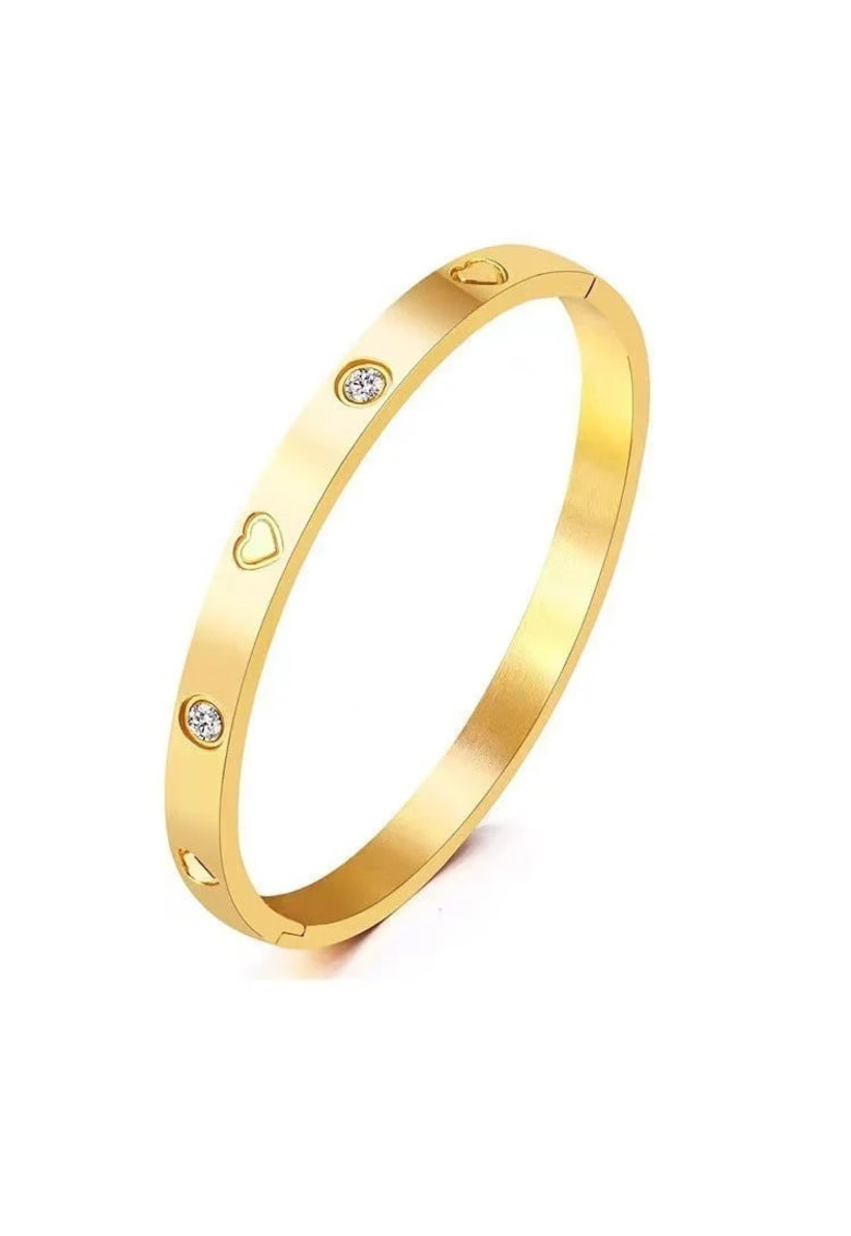 Bratara aurie - din otel inoxidabil - suflata cu aur 18k - tip bangle - cu inimioare si pietre din zirconiu - Jacoba C5