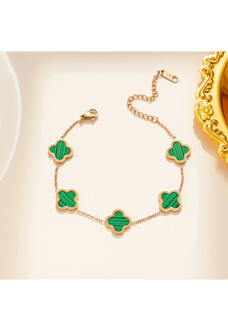 Bratara rose gold - din otel inoxidabil - suflata cu aur 18k - cu trifoi verde - Izabela C5