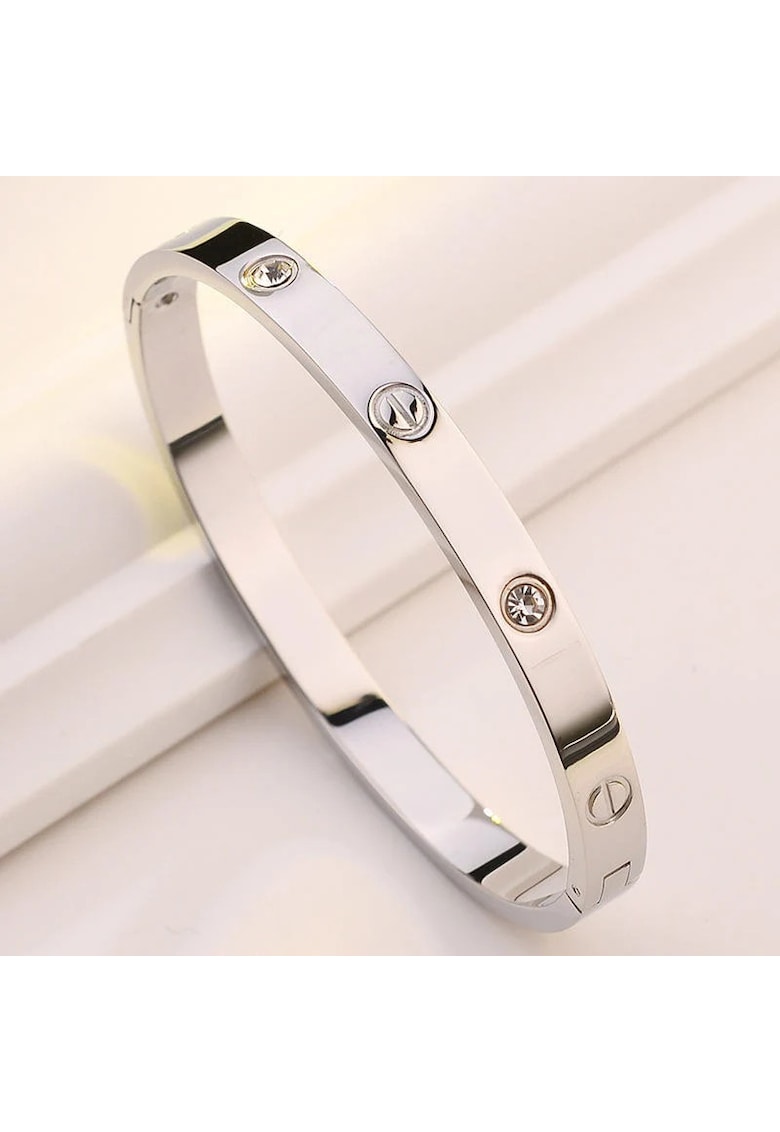 Bratara argintie - din otel inoxidabil - suflata cu aur 18k - tip bangle - cu pietre din zirconiu - Jani C10