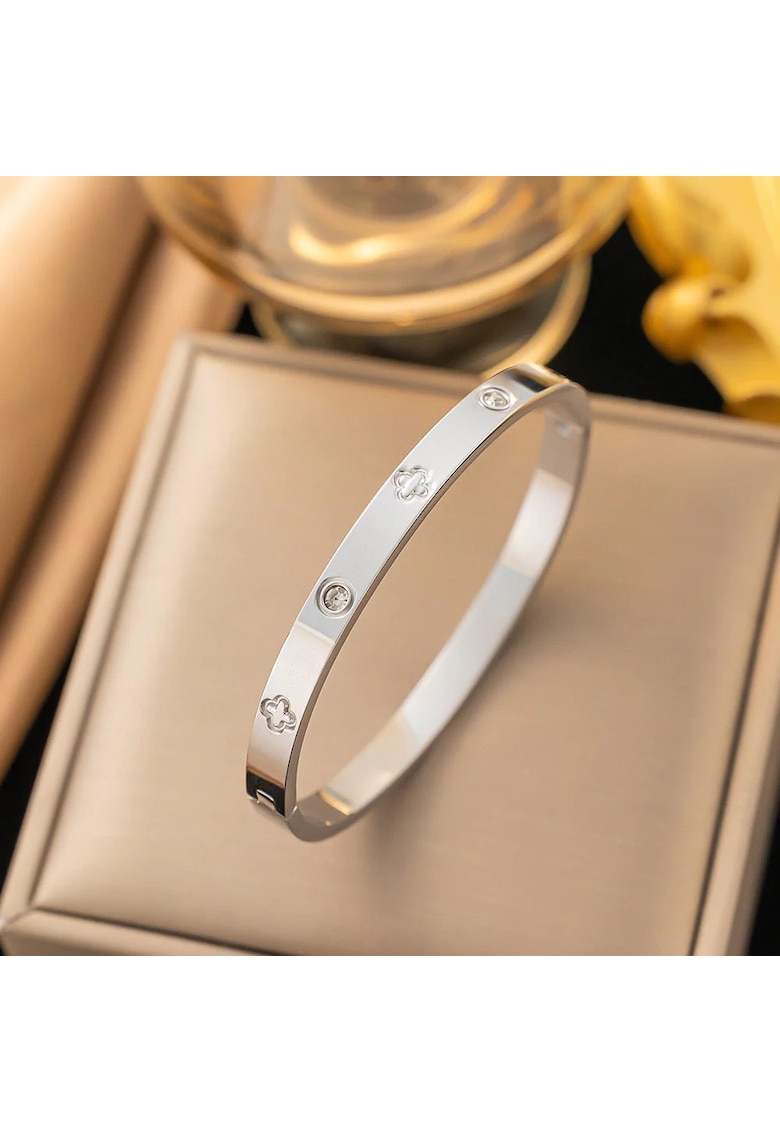 Bratara argintie - din otel inoxidabil - suflata cu aur 18k - tip bangle - cu pietre din zirconiu - Janica C6