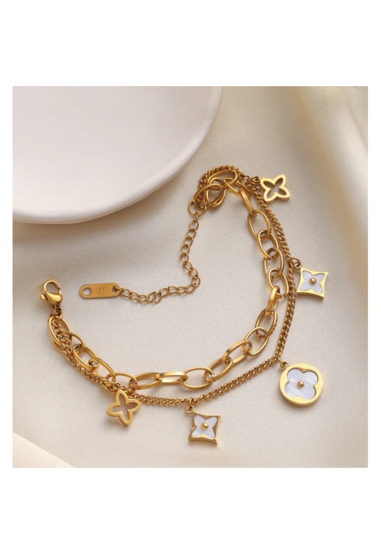 Bratara aurie - din otel inoxidabil - suflata cu aur 18k - in 2 straturi - cu zale si piese cu forme diverse - Jara C6