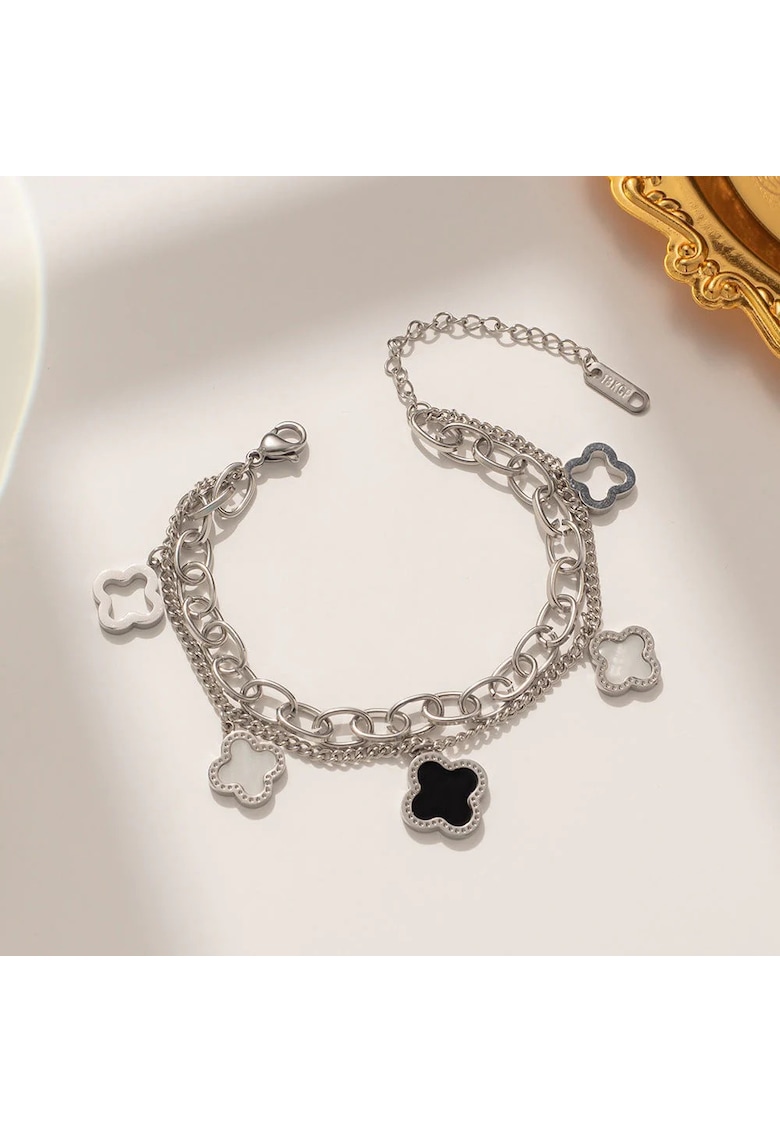 Bratara argintie - din otel inoxidabil - suflata cu aur 18k - in 2 straturi - cu zale si piese cu forme diverse - Jasna C6