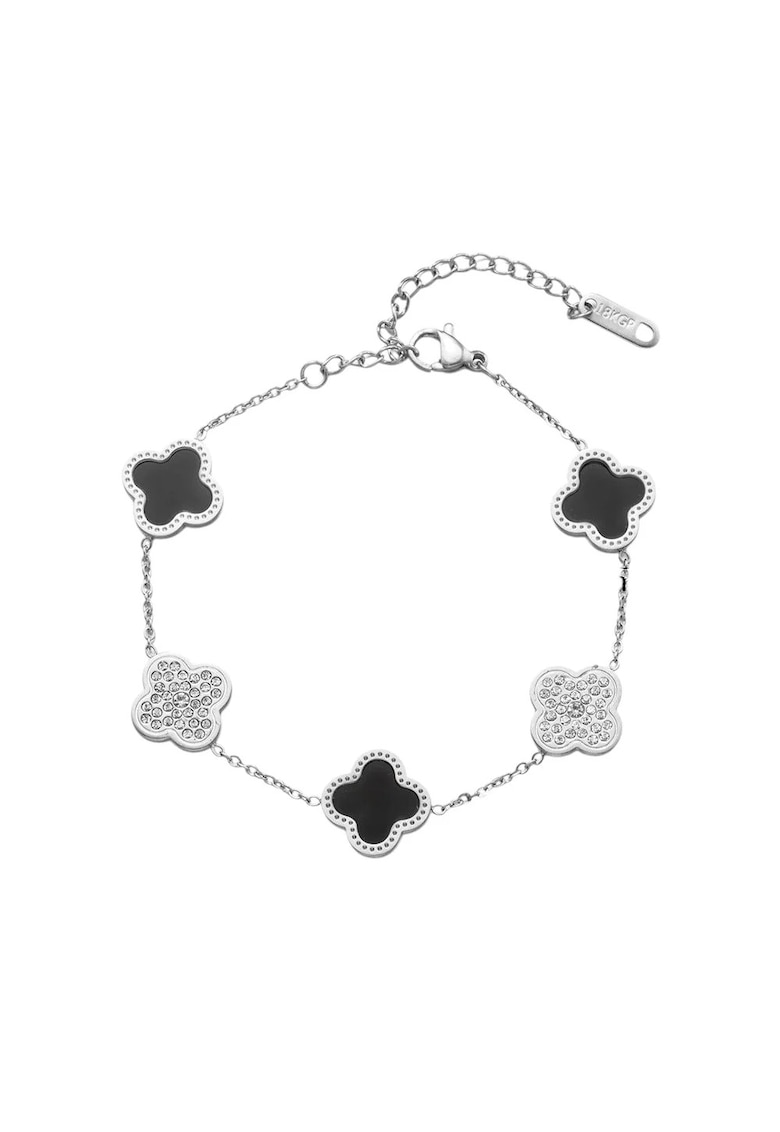 Bratara argintie - din otel inoxidabil - suflata cu aur 18k - cu piese in forma de trifoi stilizat si pietre - Jeniffer C6 Bratara argintie - din otel inoxidabil - suflata cu aur 18k - cu piese in forma de trifoi stilizat si pietre - Jeniffer C6