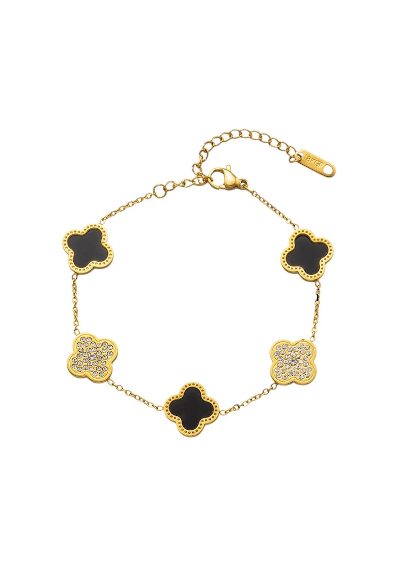 Bratara aurie - din otel inoxidabil - suflata cu aur 18k - cu piese in forma de trifoi stilizat si pietre - Jennica C6 Bratara aurie - din otel inoxidabil - suflata cu aur 18k - cu piese in forma de trifoi stilizat si pietre - Jennica C6