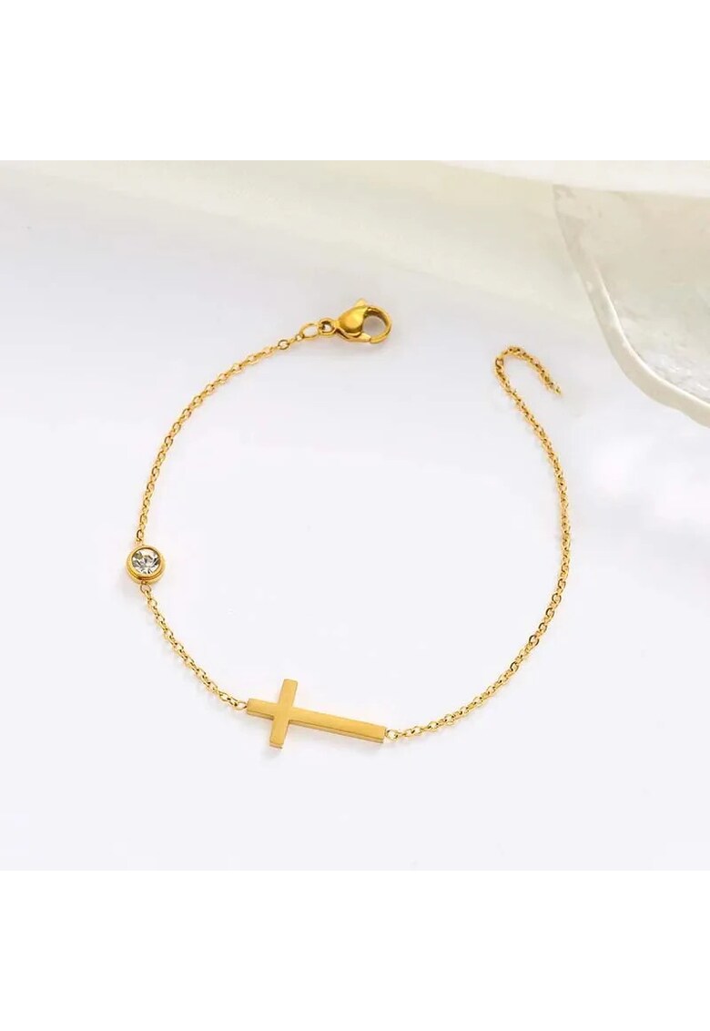 Bratara aurie - din otel inoxidabil - suflata cu aur 18k - cu piatra din zirconiu si cruciulita - Jevanna C6