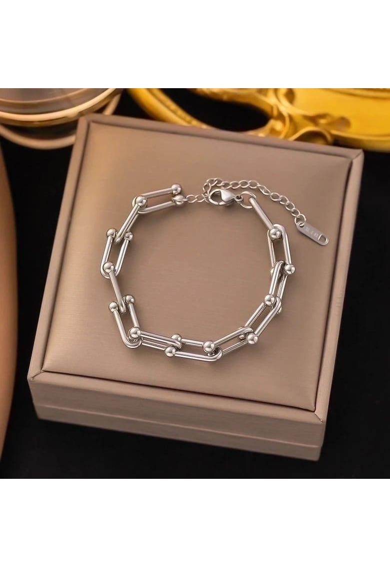 Bratara argintie - din otel inoxidabil - suflata cu aur 18k - cu zale imbinate - Jofrida C6