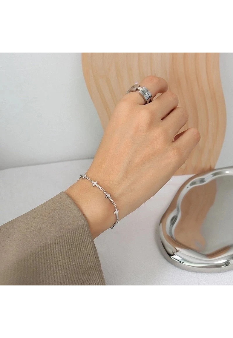 Bratara argintie - din otel inoxidabil - suflata cu aur 18k - cu cruciulite - Iryna C5