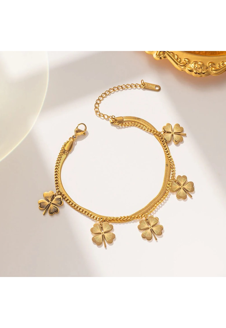 Bratara aurie - din otel inoxidabil - suflata cu aur 18k - in 2 straturi - cu trifoi - Isaka C5