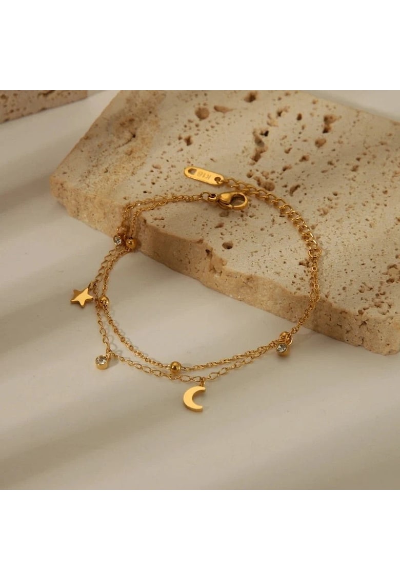 Bratara aurie - din otel inoxidabil - suflata cu aur 18k - cu stelute - luna si pietre din zirconiu - Isabela C5
