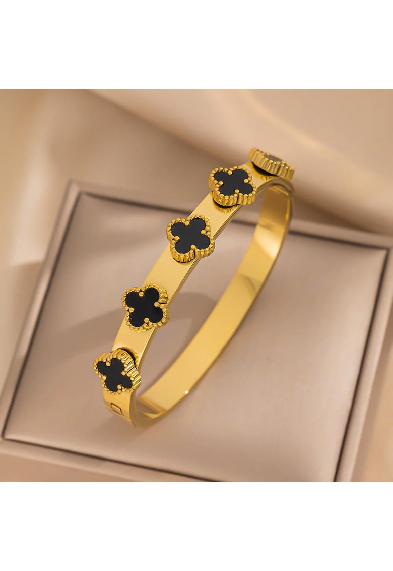 Bratara aurie - din otel inoxidabil - suflata cu aur 18k - tip bangle - cu trifoi - Isedor C5