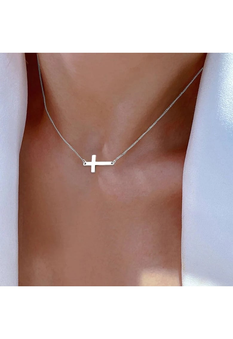 Colier argintiu - din otel inoxidabil - suflat cu aur 18k - cu pandantiv cruciulita orizontala - Irene C4