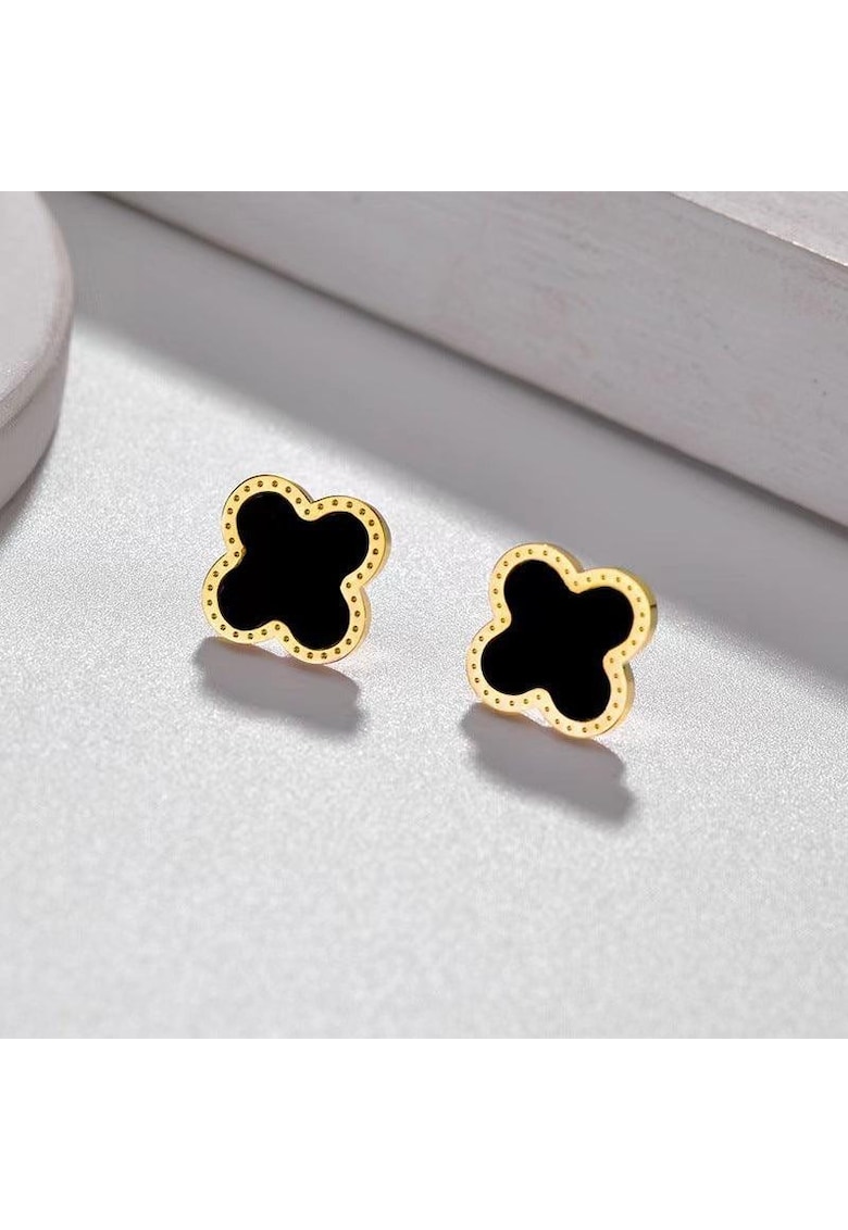 Cercei aurii - din otel inoxidabil - forma de floricele negre - suflati cu aur 18k - Geira C2