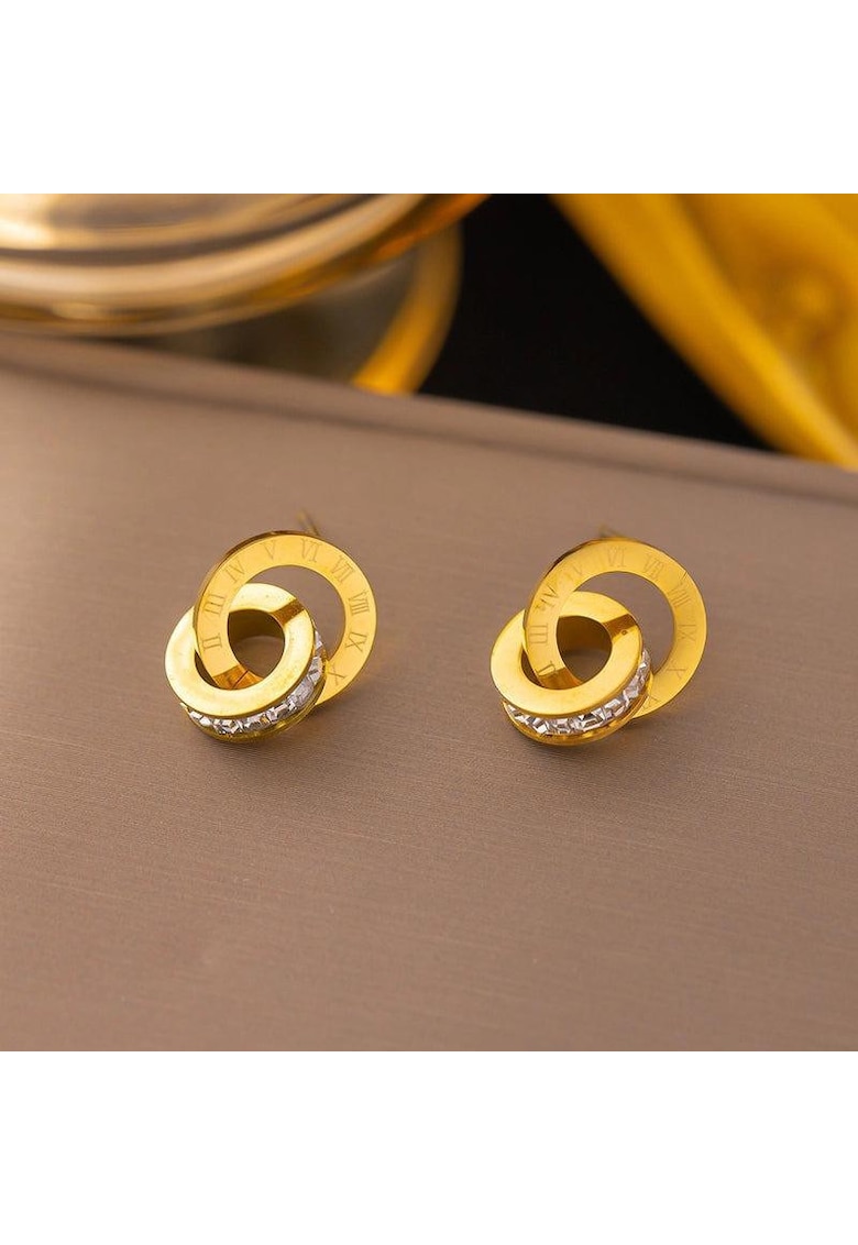 Cercei aurii - din otel inoxidabil - cu cerculete imbinate si pietre din zirconiu - suflati cu aur 18k - Gerry C1