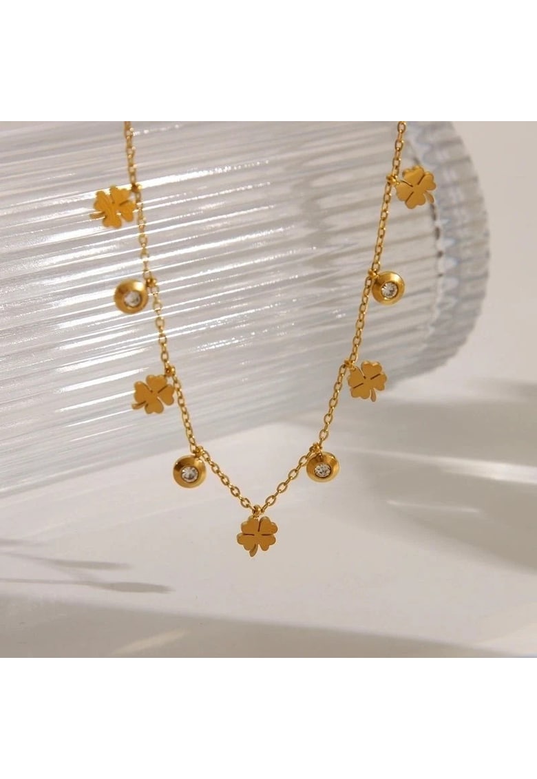 Colier auriu - din otel inoxidabil - suflat cu aur 18k - cu trifoi si pietre din zirconiu - Heika C3