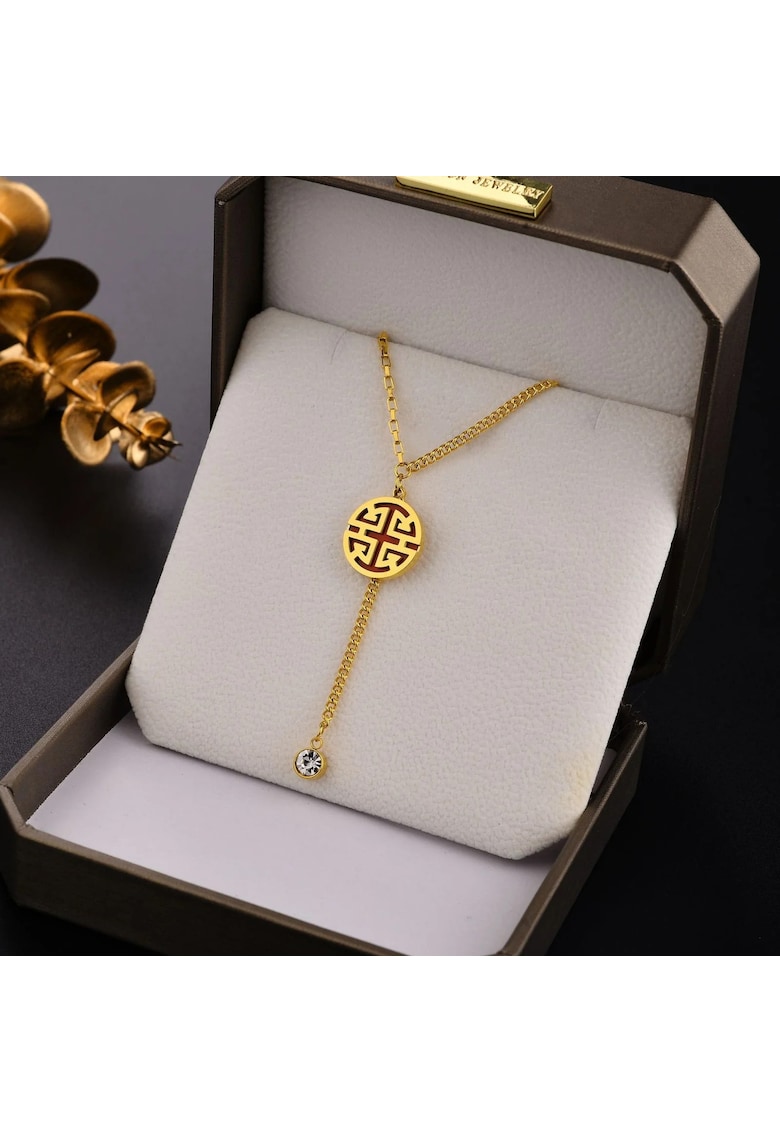 Colier auriu - din otel inoxidabil - suflat cu aur 18k - cu pandantiv rotund si piatra din zirconiu - Heida C3