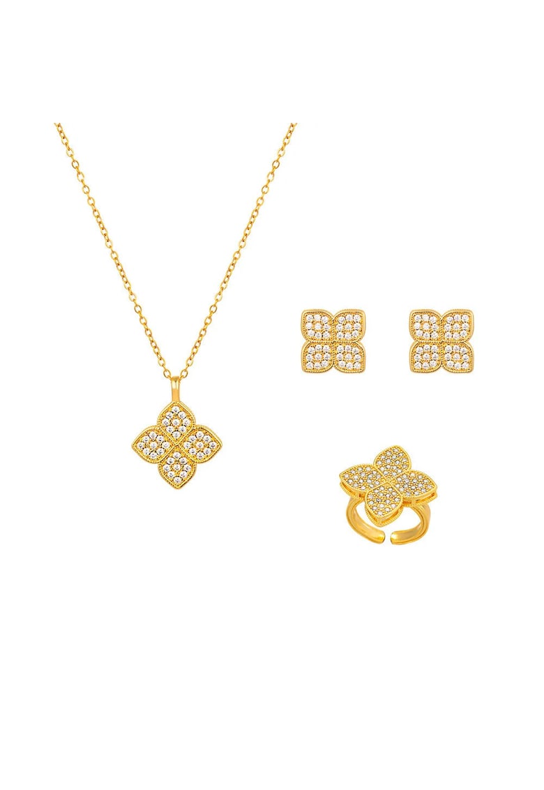 Set colier si cercei si inel - din otel inoxidabil - suflat cu aur 18k - forma de trifoi - cu pietre din zirconiu - Heiko C3