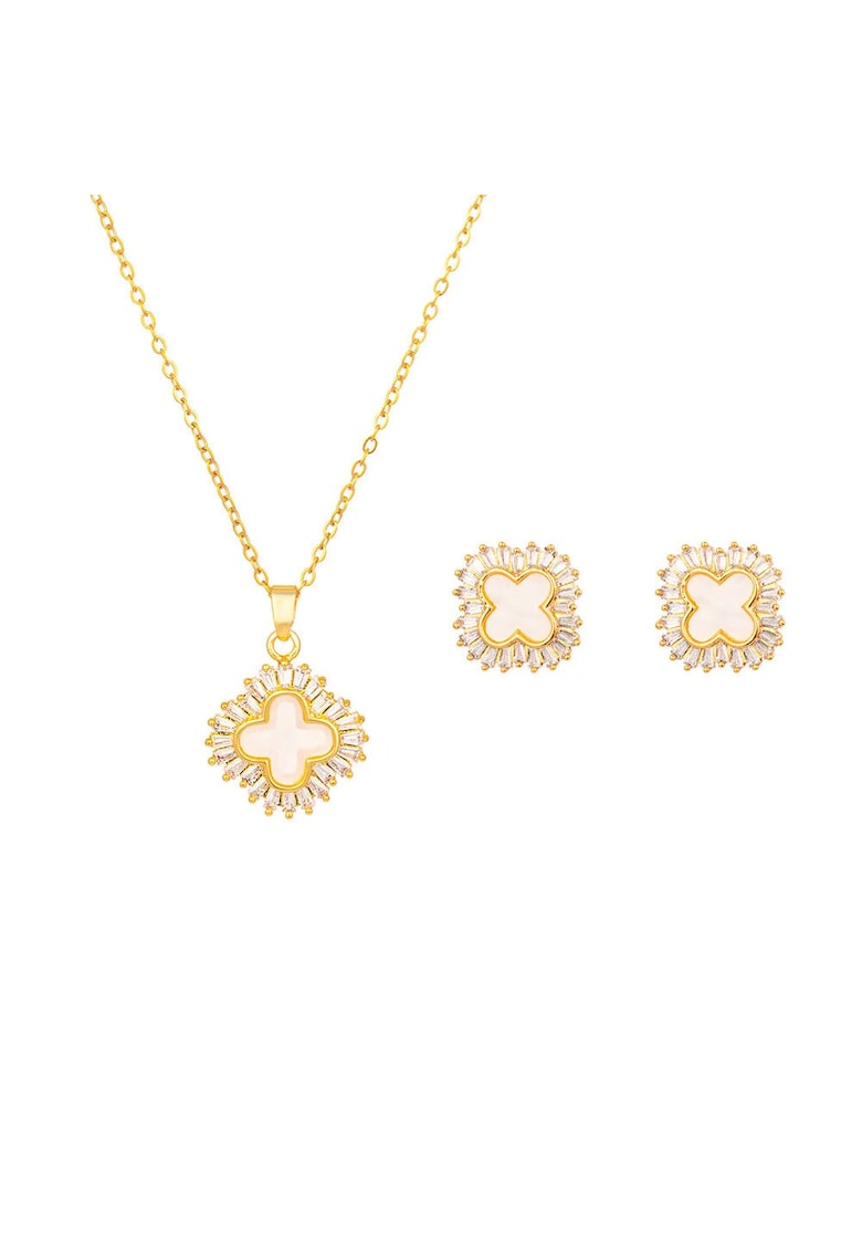 Set colier si cercei - auriu - din otel inoxidabil - suflat cu aur 18k - forma de trifoi cu pietre din zirconiu - Helgie C3