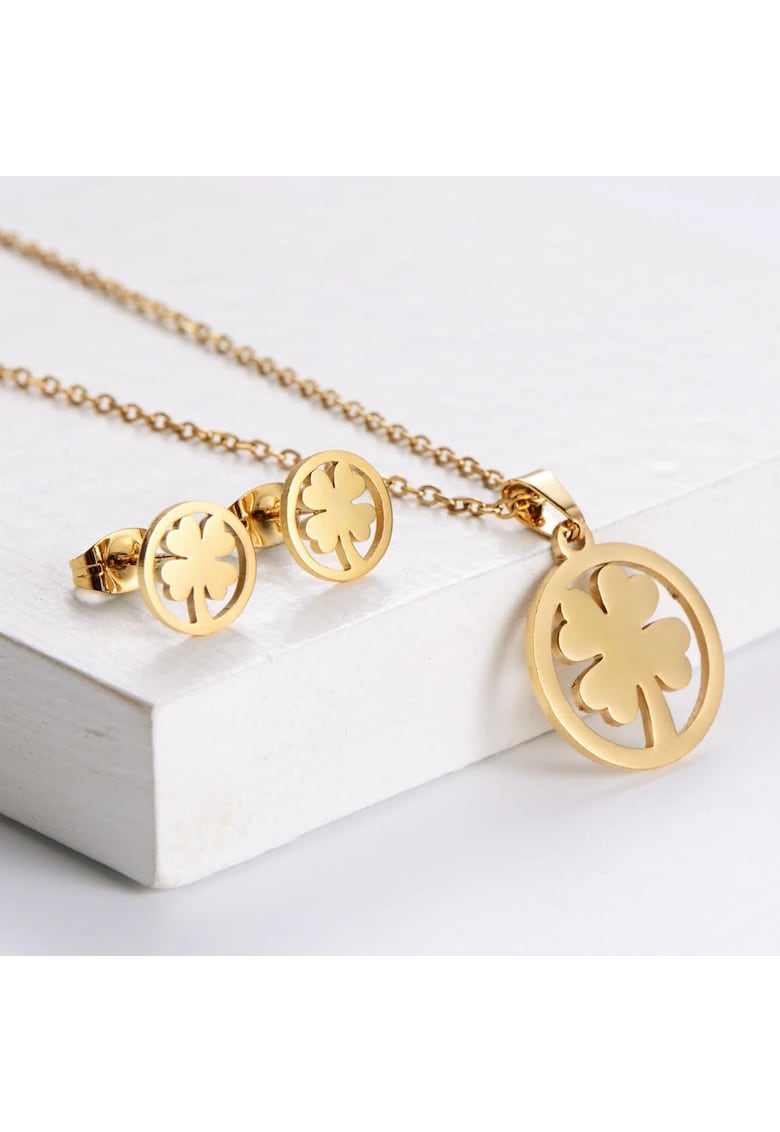 Set colier si cercei - auriu - din otel inoxidabil - suflat cu aur 18k - forma de trifoi - Helena C3
