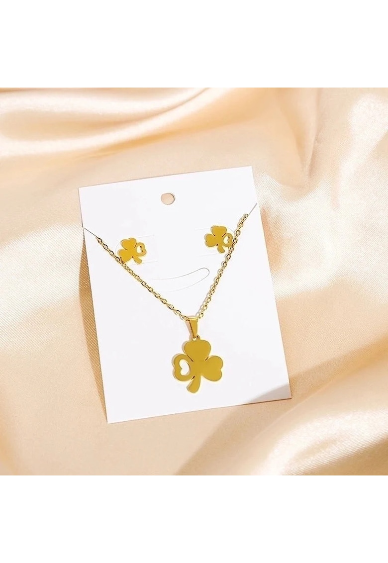 Set colier si cercei - auriu - din otel inoxidabil - suflat cu aur 18k - cu trifoi - Hella C3