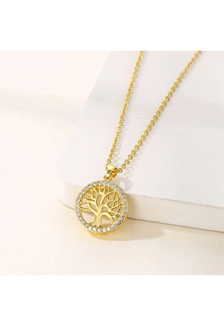 Colier auriu - din otel inoxidabil - suflat cu aur 18k - cu copacul vietii si pietre din zirconiu - Ilkka C4