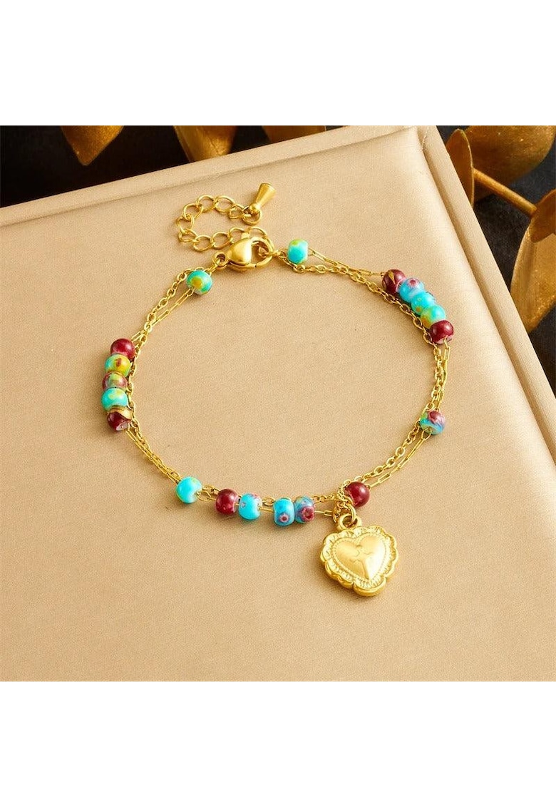 Bratara aurie - din otel inoxidabil - suflata cu aur 18k - cu margelute si inima - Darya C10