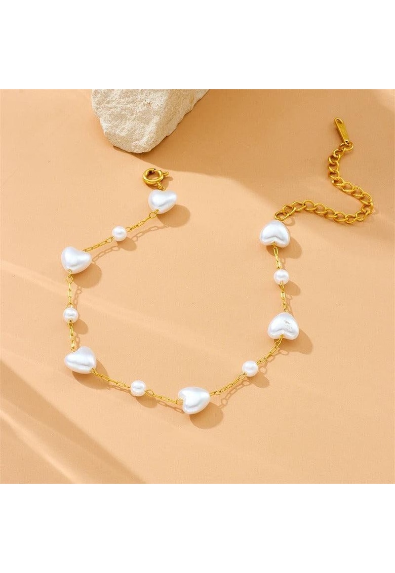 Bratara aurie - din otel inoxidabil - suflata cu aur 18k - cu perlute inimioare - Dea C10