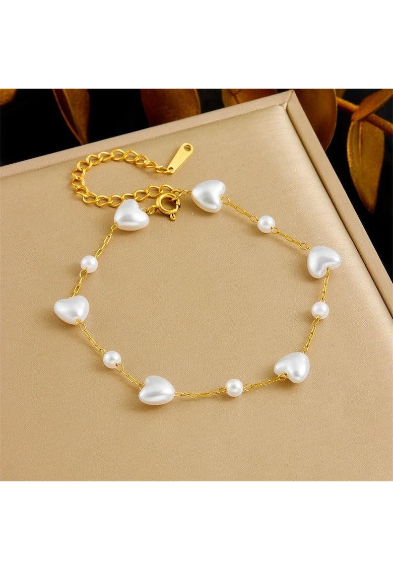 Bratara aurie - din otel inoxidabil - suflata cu aur 18k - cu perle in forma de inima - Elma C3