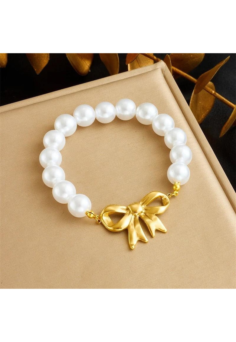 Bratara aurie - din otel inoxidabil - suflata cu aur 18k - cu perlute si fundita - Debby C10