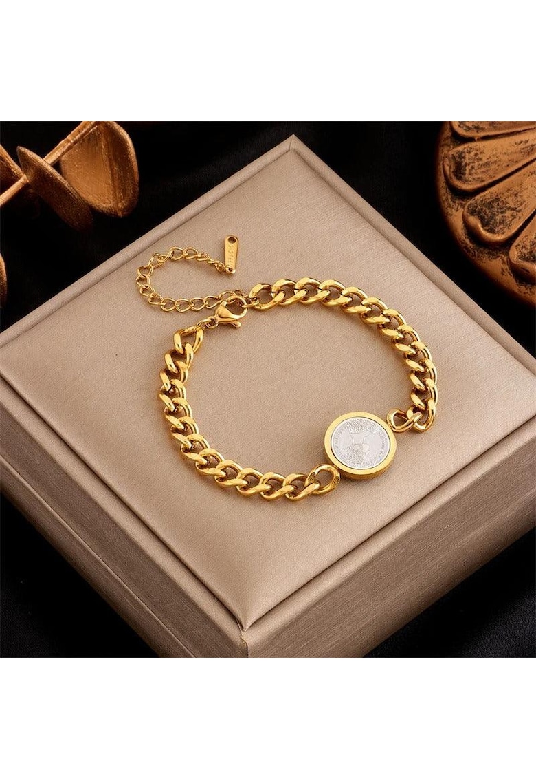 Bratara aurie - din otel inoxidabil - suflata cu aur 18k - cu zale si banut - Deborah C10