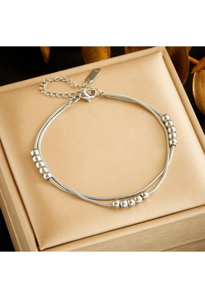 Bratara argintie - din otel inoxidabil - suflata cu aur 18k - cu bilute - Elita C3 Bratara argintie - din otel inoxidabil - suflata cu aur 18k - cu bilute - Elita C3