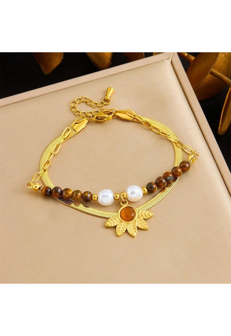 Bratara aurie - din otel inoxidabil - suflata cu aur 18k - cu margelute maro si perle - Emerik C3