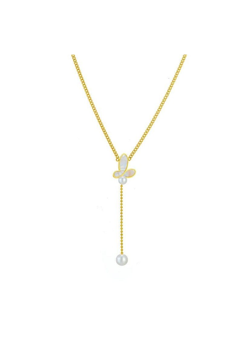 Colier auriu - din otel inoxidabil - suflat cu aur 18k - cu fluturas si perla - Diona C12