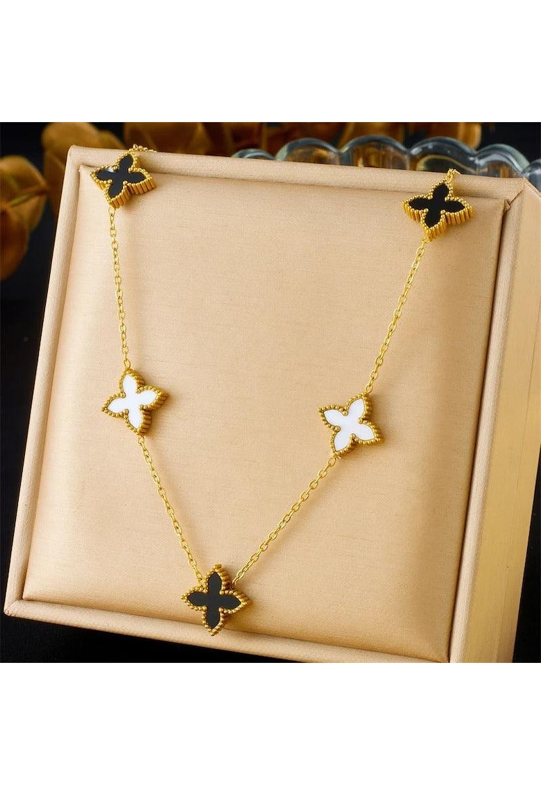 Colier auriu - din otel inoxidabil - suflat cu aur 18k - cu floricele norocoase - Dikka C12