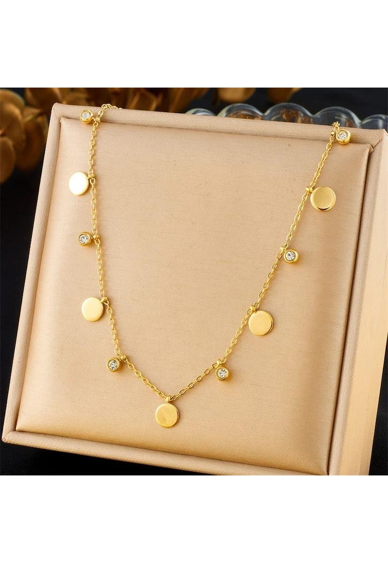 Colier auriu - din otel inoxidabil - suflat cu aur 18k - cu banuti si pietre din zirconiu - Denice C12