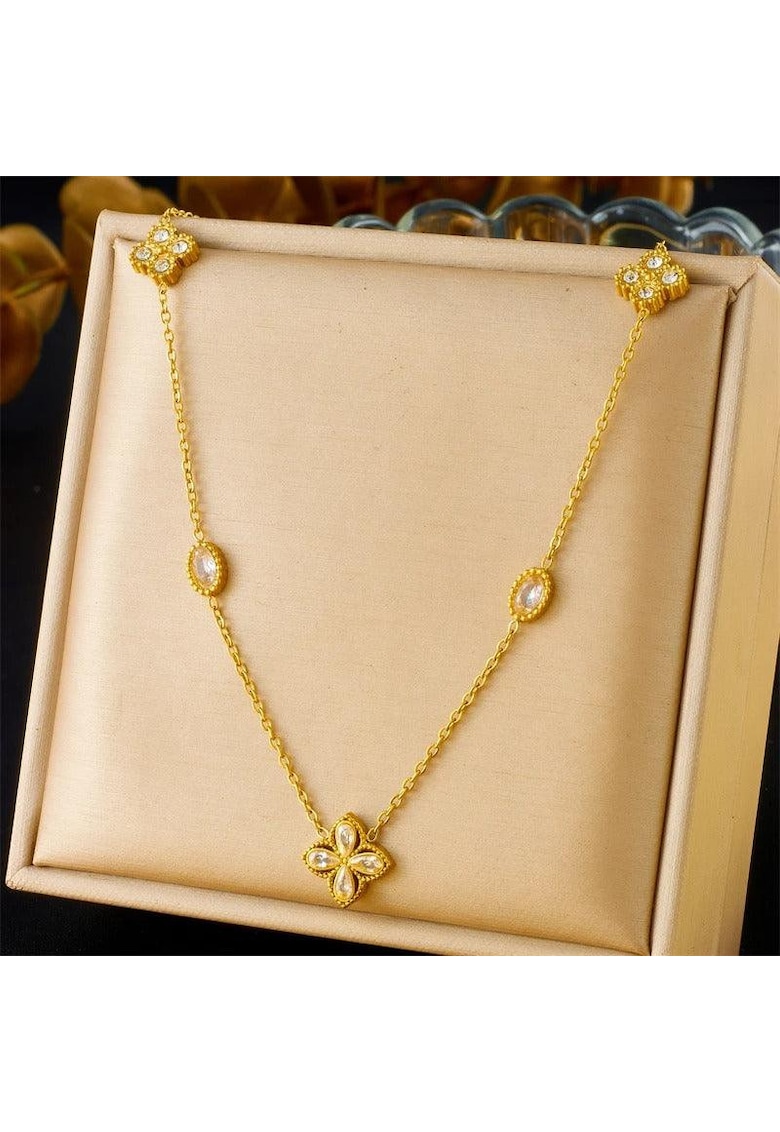 Colier auriu - din otel inoxidabil - suflat cu aur 18k - cu floricele si pietre din zirconiu - Denny C12