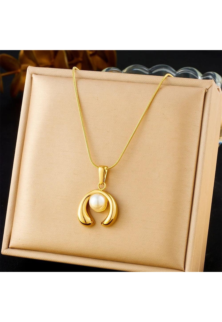 Colier auriu - din otel inoxidabil - suflat cu aur 18k - cu perla - Elia C2