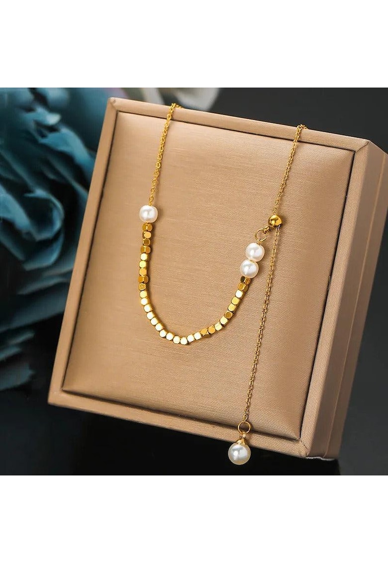 Colier auriu - din otel inoxidabil - suflat cu aur 18k - delicat - cu perlute - Eletta C2