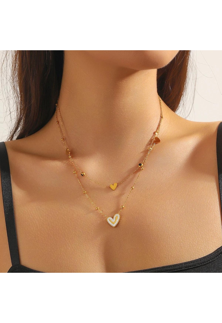 Colier auriu - din otel inoxidabil - suflat cu aur 18k - in 2 straturi - cu inimioare - Elayne C2