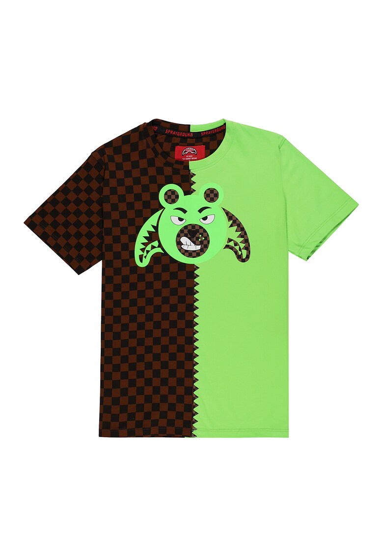 Tricou cu model in doua nuante Money Bear - Negru/Maro deschis/Verde deschis