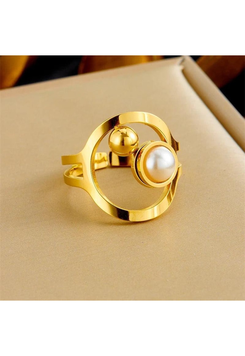 Inel auriu - reglabil - din otel inoxidabil - suflat cu aur 18k - cu perla - Connie C4