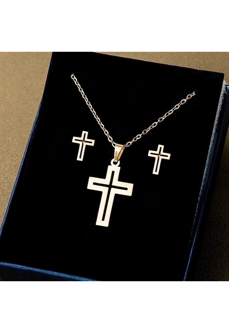 Set colier si cercei - auriu - din otel inoxidabil - suflat cu aur 18k - cu cruciulite - Helma C3