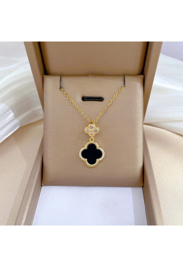 Colier auriu - din otel inoxidabil - suflat cu aur 18k - cu trifoi si pietre din zirconiu - Idalia C3